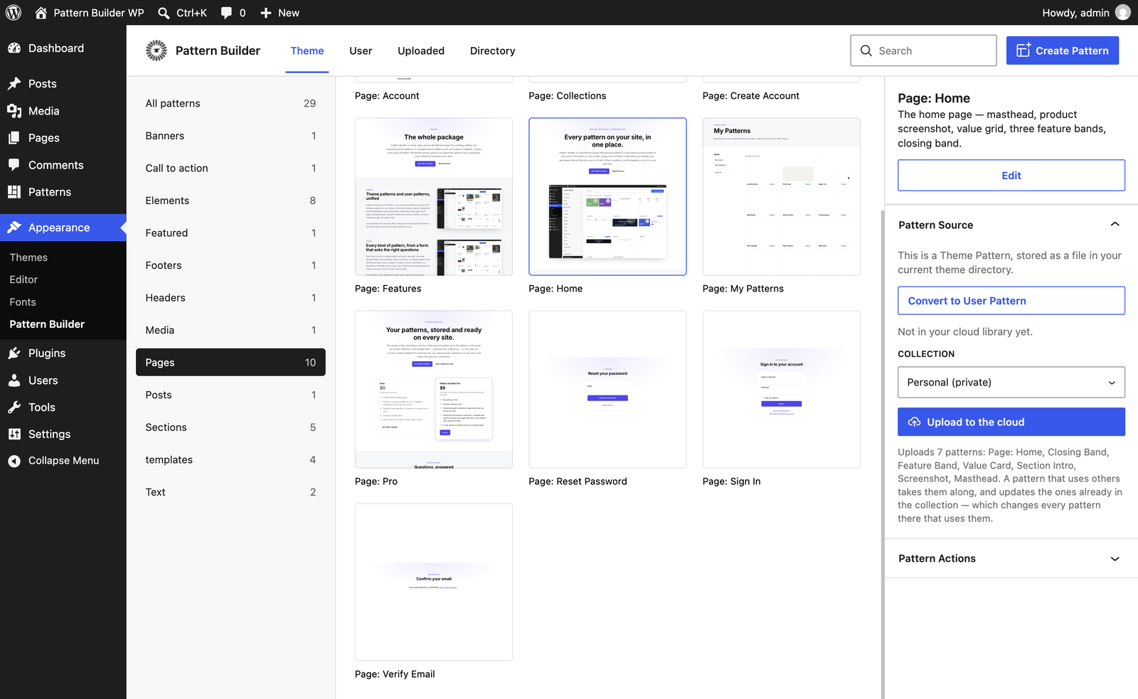 The Pattern Builder screen in wp-admin: theme and user patterns as tiles with live previews, and the details sidebar